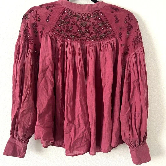 Free People Size XS‎ Have It My Way Top Beaded Tie Back Peasant Pink Boho Fairy - Picture 2 of 11